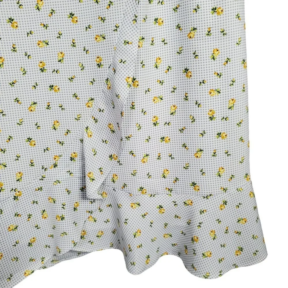 Loft Size 14 Dress Long Gingham Floral Flutter Sleeve Faux Wrap Ruffle Hem Lined - Picture 14 of 15